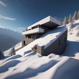 A WW2 German bunker style Minecraft house on the side of a very steep snowy mountain, with all the elegance and minimalism, making it a bunker and vacation home