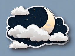 Moon and Clouds Sticker - Crescent moon amidst fluffy clouds, ,vector color sticker art,minimal