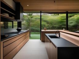 In the outdoor kitchen, Japanese Zen interior design showcases natural materials, a minimalist aesthetic, and a focus on simplicity that enhances outdoor cooking and entertaining experiences.  