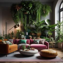 Urban Jungle Oasis - Turn your living room into an urban jungle with abundant houseplants. , living room decor ideas, multicoloured, photo realistic, hyper detail, high resolution,