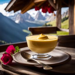 zabaione, italian dessert, savored at a serene alpine lodge in the dolomites. 