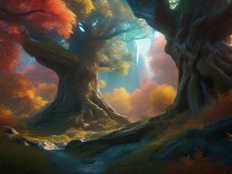 Guardian spirit protects hidden grove with sentient trees. hyperrealistic, intricately detailed, color depth,splash art, concept art, mid shot, sharp focus, dramatic, 2/3 face angle, side light, colorful background