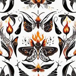 Moth and Flame Tattoo - Capture the mesmerizing dance between moths and flames with a tattoo design that symbolizes attraction and transformation.  simple vector color tattoo, minimal, white background