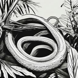 drawing of a green tree snake in a rainforest  minimal rough sketch scribbles,doodles,black and white