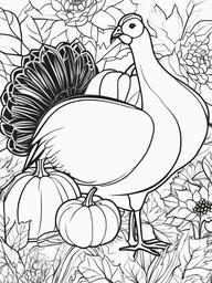 Turkey with Sunflowers and Pumpkin Coloring Pages - Festive Fall Scene  minimal black outline printable sheet, coloring page