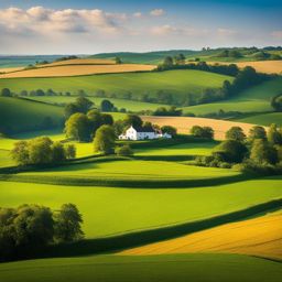 rolling countryside, showcasing picturesque farmlands, quaint villages, and open skies. 