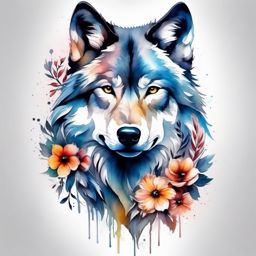 Wolf Flower Tattoo,captivating watercolor-style tattoo of a wolf, an artistic masterpiece. , color tattoo design, white clean background