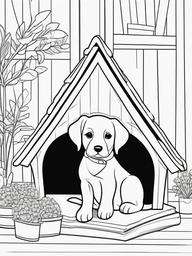 Puppy in a Doghouse Coloring Pages - Cozy Puppy Relaxing at Home  minimal black outline printable sheet, coloring page