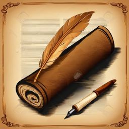 Old Book and Quill Clipart - Weathered book and quill pen on a parchment scroll.  color clipart, minimalist, vector art, 