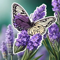 Butterfly and Lavender Sticker - Butterfly near blooming lavender flowers, ,vector color sticker art,minimal