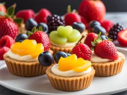 a platter of mini cheesecakes, each with a different fruity topping and a buttery graham cracker crust. 