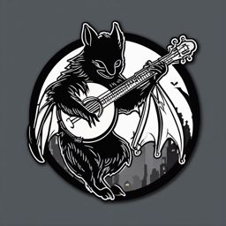 Banjo-playing Bat sticker- Nocturnal String Serenade, , sticker vector art, minimalist design