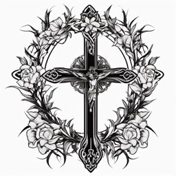 Catholic cross with thorns design: Symbolizing sacrifice and redemption in Catholic imagery.  black white tattoo, white background