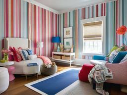 In the kids' room, Hampton interior design showcases bright hues, comfortable furnishings, and playful accents that encourage creativity and imaginative play in a cozy setting.  