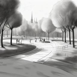 drawing of cartoon characters in a park  minimal rough sketch scribbles,doodles,black and white