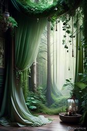 forest nymph's living room with ethereal drapes and woodland decor. 