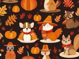 Thanksgiving Wallpaper-A playful Thanksgiving design, featuring cute animal characters dressed in Thanksgiving costumes.  aesthetic background wallpaper