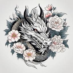 Japanese Dragon Tattoo with Flowers - Dragon with flowers in Japanese tattoo style.  simple color tattoo,white background,minimal