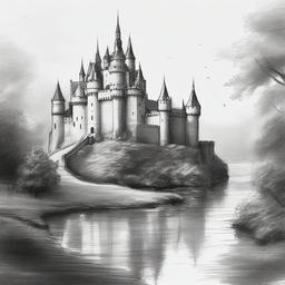 drawing of a castle with a moat  minimal rough sketch scribbles,doodles,black and white