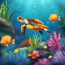 turtle clipart: cute turtle exploring a colorful underwater world. 