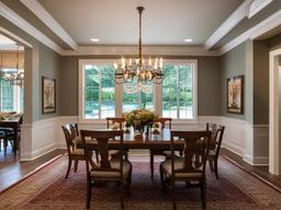 Traditional dining room features a wooden dining set, comfortable chairs, and a simple chandelier, perfect for family meals and gatherings.  