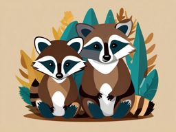 Raccoon Family Clip Art - Family of raccoons exploring,  color vector clipart, minimal style