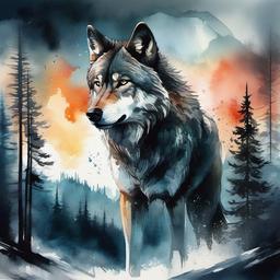 Mountains, forest, wolf, heavy metal draw in watercolor style