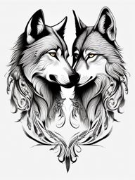 2 Wolves Tattoo,two wolves depicted together, signifying partnership and harmony in the wild. , tattoo design, white clean background