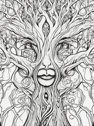 Creepy Tree Coloring Pages - Haunted Twisted Branches and Faces  minimal black outline printable sheet, coloring page