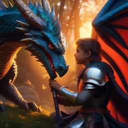 Young dragon forms unlikely friendship with brave knight. hyperrealistic, intricately detailed, color depth,splash art, concept art, mid shot, sharp focus, dramatic, 2/3 face angle, side light, colorful background
