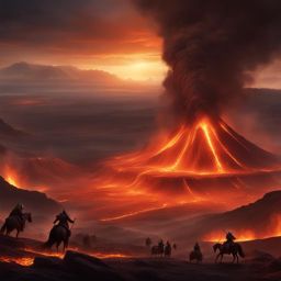 epic battle between ancient titans in a fiery, volcanic wasteland. 