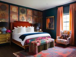 The master bedroom embraces maximalist interior design with rich textiles, bold patterns, and an eclectic mix of furniture that creates a luxurious and stimulating sanctuary for sleep.  