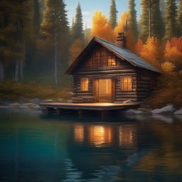 Rustic wooden cabin, weathered by time and surrounded by crystal-clear lake, exudes sense of solitude and serenity, inviting those seeking solace. hyperrealistic, intricately detailed, color depth,splash art, concept art, mid shot, sharp focus, dramatic, 2/3 face angle, side light, colorful background