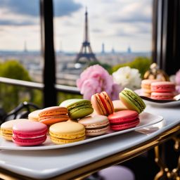 macarons, colorful and delicate, enjoyed at a chic parisian café with a view of the eiffel tower. 