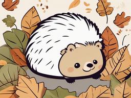 Cute clipart - baby hedgehog rolling in leaves  color,minimalist,vector clipart