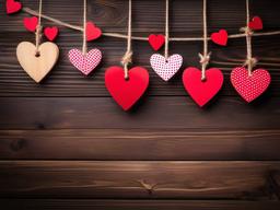 Valentines Day background - Rustic wooden heart decorations hanging on a string  