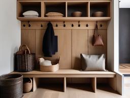 A mudroom designed with Wabi Sabi interior design includes natural wood storage, earthy accents, and a practical layout that promotes a clutter-free entryway.  