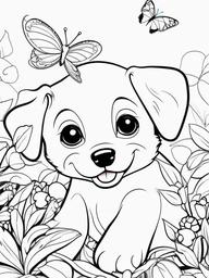 Puppy with a Butterfly Net Coloring Pages - Curious Puppy Trying to Catch Butterflies  minimal black outline printable sheet, coloring page