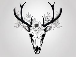 Minimalist deer skull with subtle floral accents, natural simplicity.  black and white tattoo style