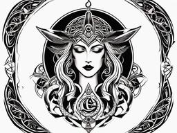 Hecate Goddess Tattoo - Pay homage to the goddess of magic and crossroads with a Hecate tattoo, capturing her mystical and powerful essence.  simple color tattoo, white background