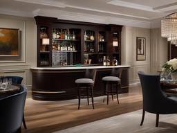 In the bar room, Regency interior design includes elegant bar stools, rich finishes, and tasteful decor that create a refined environment for socializing and celebration.  