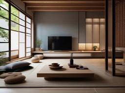 In the loft, Japanese Zen interior design incorporates open spaces, functional furniture, and calming colors that create a harmonious and inviting living area.  