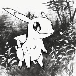 drawing of a Pokémon in the wild  minimal rough sketch scribbles,doodles,black and white