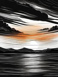 drawing of a fiery sunset  minimal rough sketch scribbles,doodles,black and white