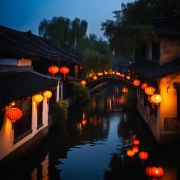 zhouzhuang water town - create a night scene of zhouzhuang, the venice of the east, with its picturesque canals, ancient bridges, and traditional houses glowing with lantern light. 