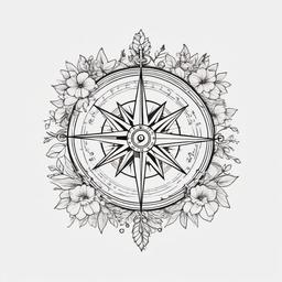 Compass Tattoo with Flowers - Compass tattoo adorned with floral elements.  simple vector tattoo,minimalist,white background