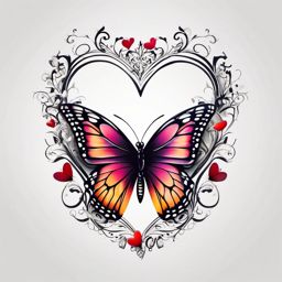 Butterfly and heart tattoo, Butterfly landing on a heart, signifying transformation and love. , tattoo color art, clean white background