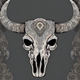 Intricate buffalo skull design: Detailed patterns, an artistic showcase.  simple color tattoo style