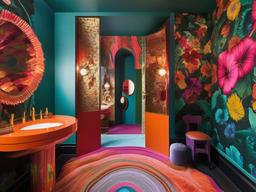 In the powder room, psychedelic interior design includes vibrant wallpaper, whimsical fixtures, and playful accents that transform a small space into a lively and enchanting experience.  