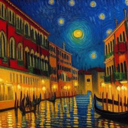 venice cafe at night, van gogh draw in oil paint style